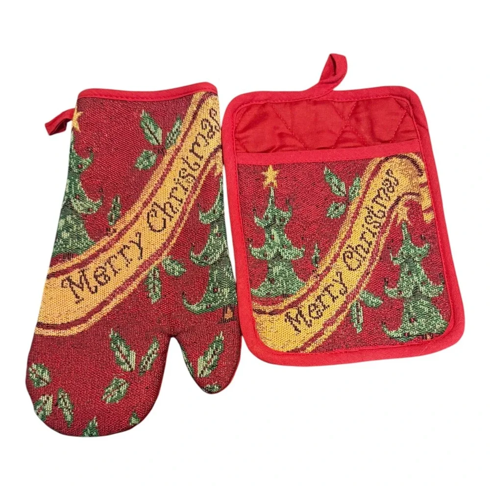 Vintage Merry Christmas Tapestry Oven Mitt and Potholder Set Red Holiday Decor